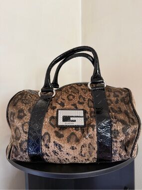 GUESS Leopard-Print Satchel with Black Patent Trim and Crystal Logo